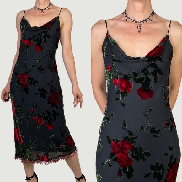 Betsey Johnson Dresses & Skirts - Betsey Johnson vintage silk rose floral velvet burnout slip dress 90s cocktail L